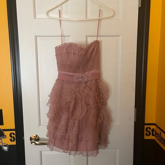 BCBG Floral Organza Bustier Party Mini Dress in Nude Pink - Picture 2 of 4